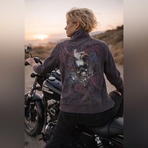 Y2K Harley Davidson Zip Up Sweater Jacket Grey Skull Rose Print Biker Grunge